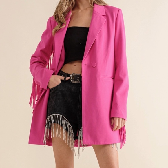 NEW! Blue B Double Breasted Fringe Blazer, Box Cut Y2K Retro D. Gibson Style SML - Picture 4 of 9